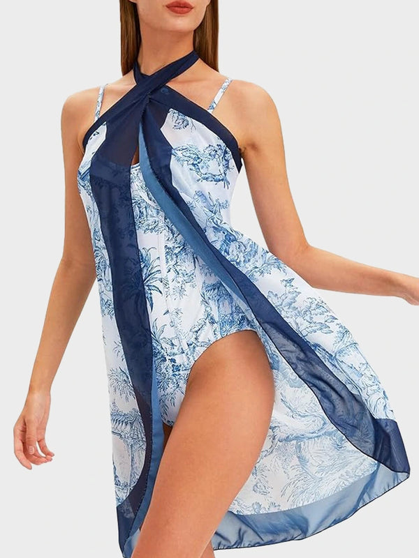 Blue Toile Print Cami Bodysuit & Mesh Skirt Set