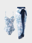 Blue Toile Print Cami Bodysuit & Mesh Skirt Set