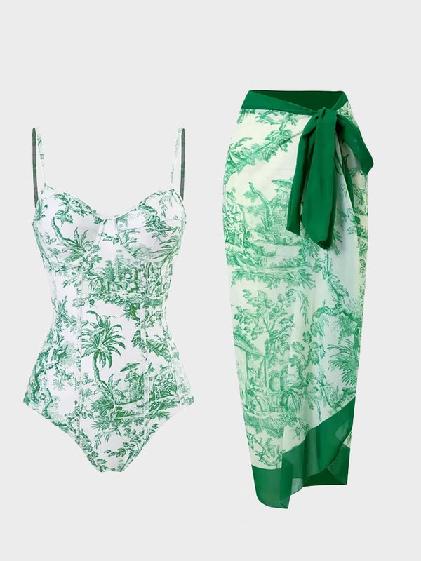 Blue Toile Print Cami Bodysuit & Mesh Skirt Set