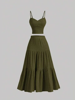 Women Sleeveless Pleated Maxi Skirt Set – 2 Piece Outfit