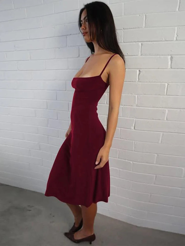 Women's Square-Neck Backless Bodycon Midi Slip Dress with Spaghetti Straps