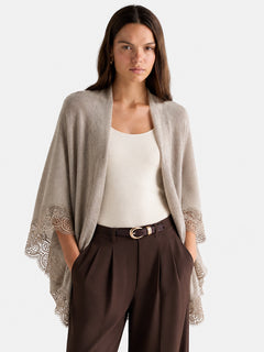 Women’s 100% Wool Lace-Trimmed Open-Front Knit Cape Cardigan