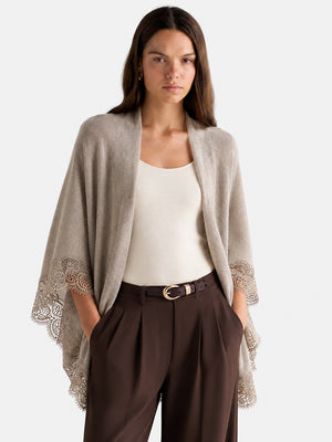 Women’s 100% Wool Lace-Trimmed Open-Front Knit Cape Cardigan