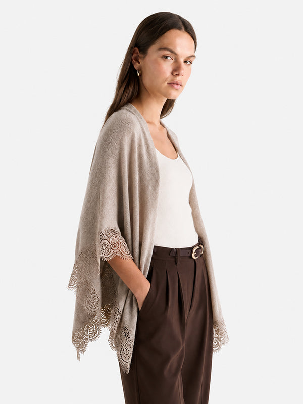 Women’s 100% Wool Lace-Trimmed Open-Front Knit Cape Cardigan