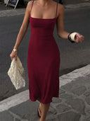Women's Square-Neck Backless Bodycon Midi Slip Dress with Spaghetti Straps