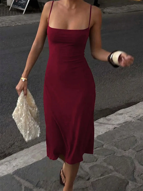 Women's Square-Neck Backless Bodycon Midi Slip Dress with Spaghetti Straps