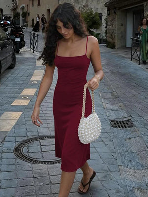 Women's Square-Neck Backless Bodycon Midi Slip Dress with Spaghetti Straps