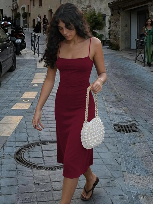 Women's Square-Neck Backless Bodycon Midi Slip Dress with Spaghetti Straps