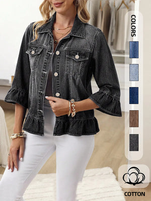 Women’s Vintage Ruffle Denim Jacket – Washed Cropped Long Sleeve Jean Jacket