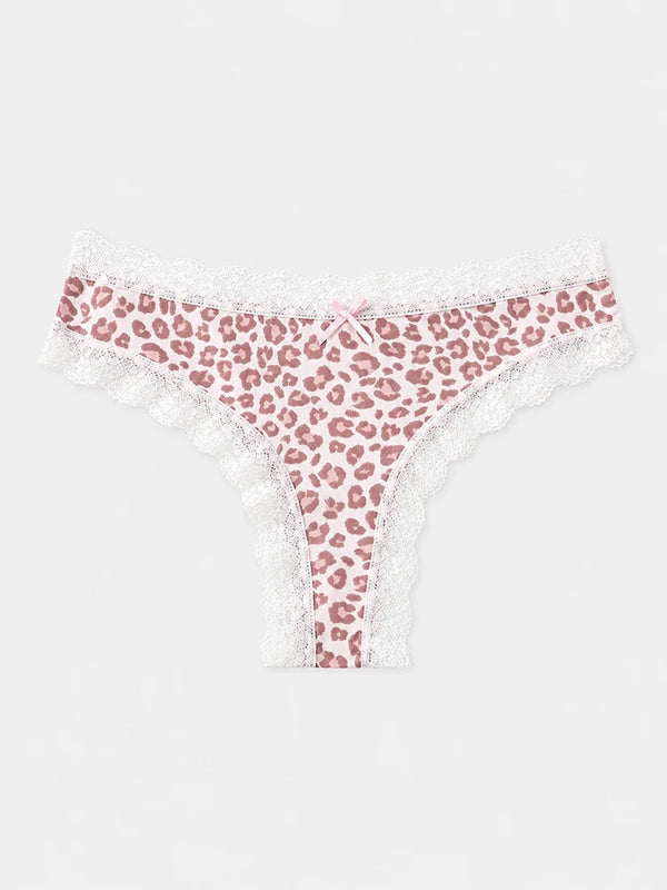 7-Pack Leopard Lace Thong Panties for Women – Sexy Low Rise Breathable Underwear with Romantic Bow Detail, Soft Stretch Everyday Comfort