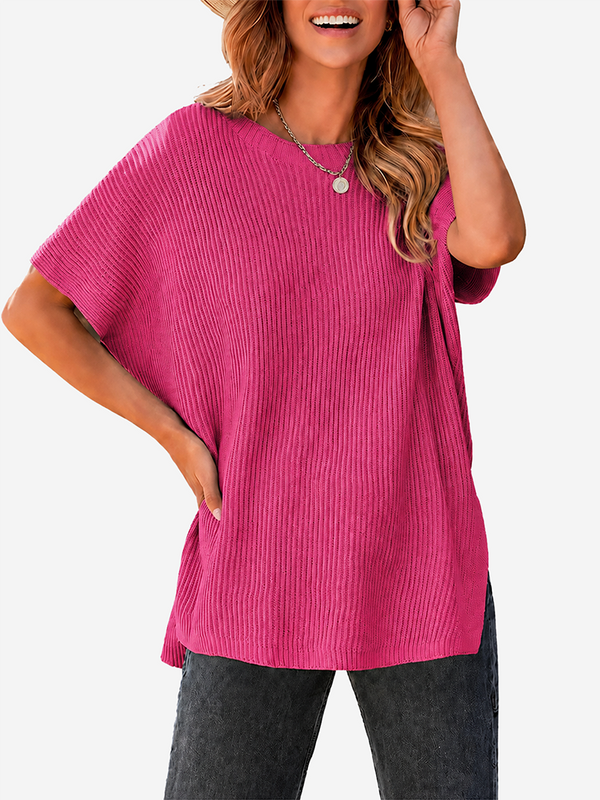 Oversized Side-Slit Short Sleeve Knit Sweater