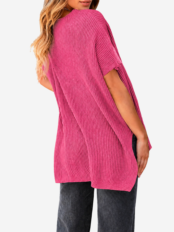Oversized Side-Slit Short Sleeve Knit Sweater