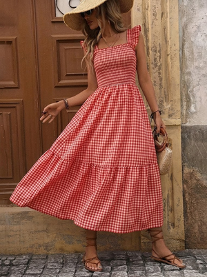 Retro Smocked Plaid Maxi Dress with Pockets