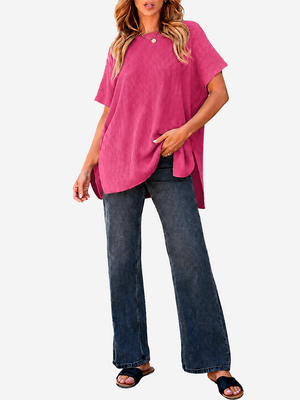 Oversized Side-Slit Short Sleeve Knit Sweater