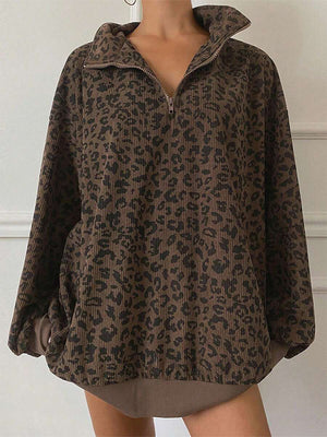 Oversized Leopard Half Zip Drop Shoulder Sweatshirt