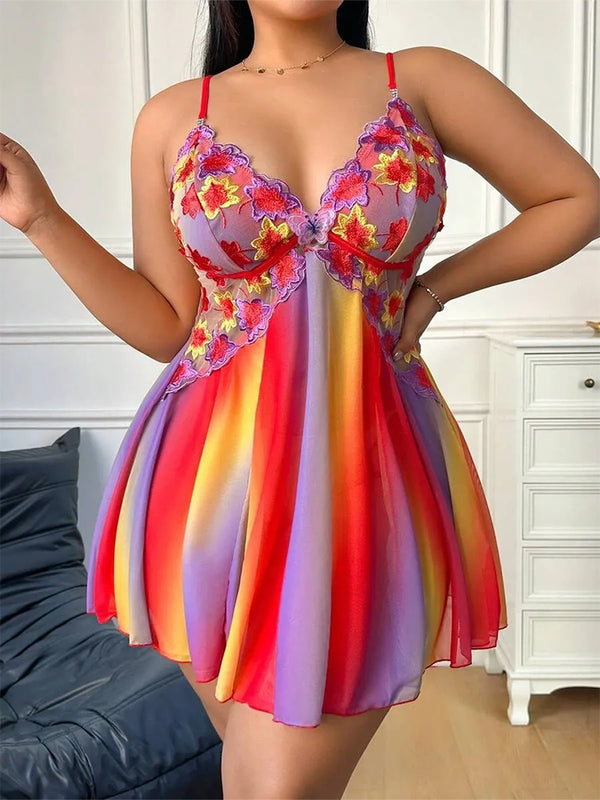 Romantic Floral Embroidered Plus Size Babydoll