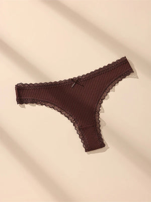 6 pack Women’s Lace Trim Ribbed Thong Underwear – Soft Stretch Sexy Panty
