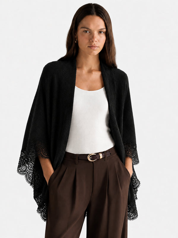 Women’s 100% Wool Lace-Trimmed Open-Front Knit Cape Cardigan