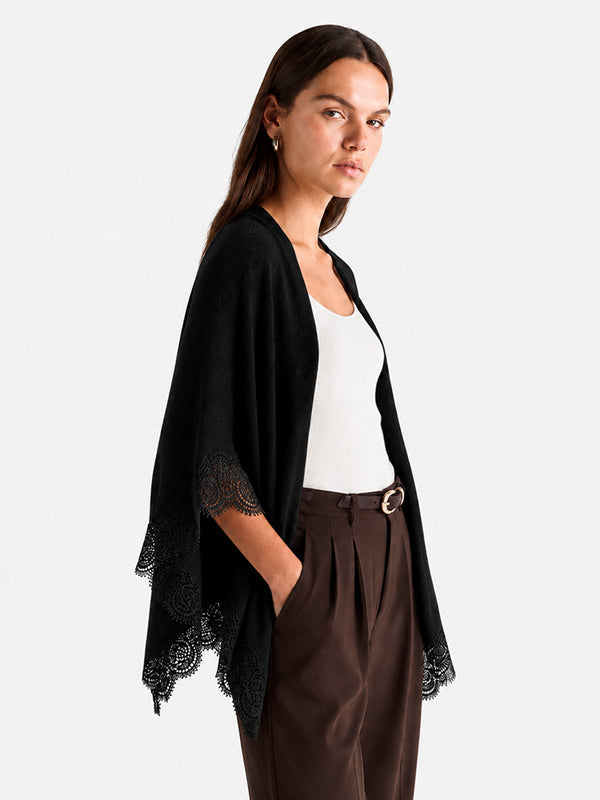 Women’s 100% Wool Lace-Trimmed Open-Front Knit Cape Cardigan