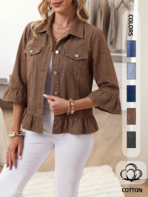 Women’s Vintage Ruffle Denim Jacket – Washed Cropped Long Sleeve Jean Jacket