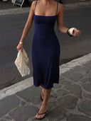 Women's Square-Neck Backless Bodycon Midi Slip Dress with Spaghetti Straps