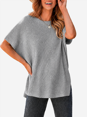 Oversized Side-Slit Short Sleeve Knit Sweater