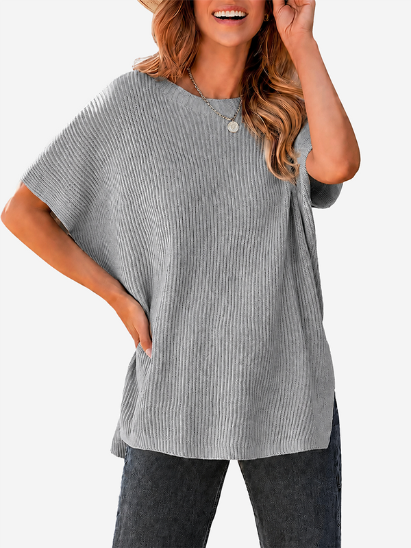 Oversized Side-Slit Short Sleeve Knit Sweater