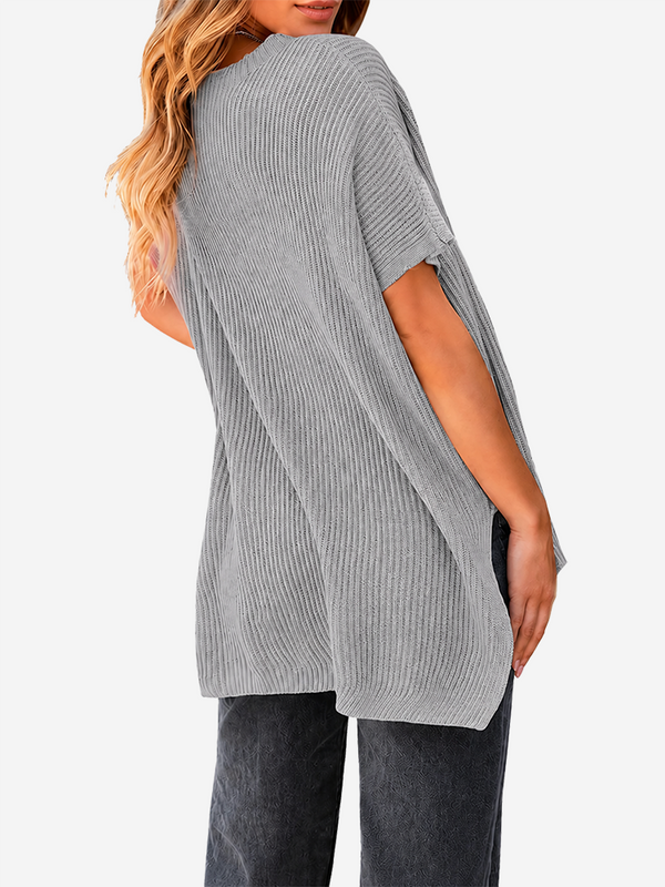 Oversized Side-Slit Short Sleeve Knit Sweater