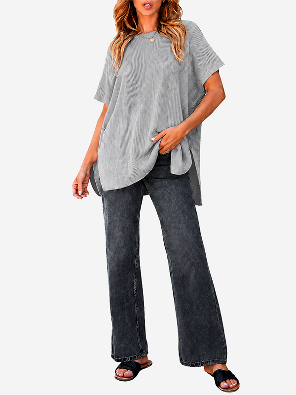 Oversized Side-Slit Short Sleeve Knit Sweater