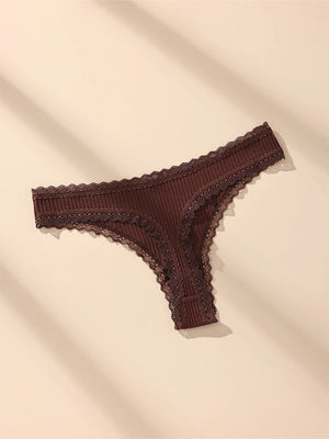 6 pack Women’s Lace Trim Ribbed Thong Underwear – Soft Stretch Sexy Panty