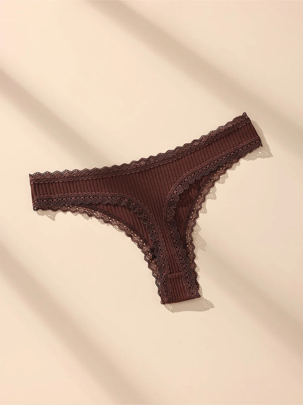 6 pack Women’s Lace Trim Ribbed Thong Underwear – Soft Stretch Sexy Panty