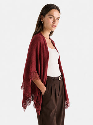 Women’s 100% Wool Lace-Trimmed Open-Front Knit Cape Cardigan