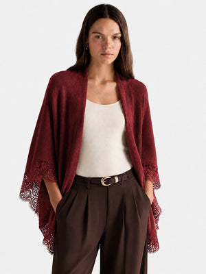 Women’s 100% Wool Lace-Trimmed Open-Front Knit Cape Cardigan