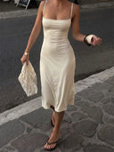 Women's Square-Neck Backless Bodycon Midi Slip Dress with Spaghetti Straps