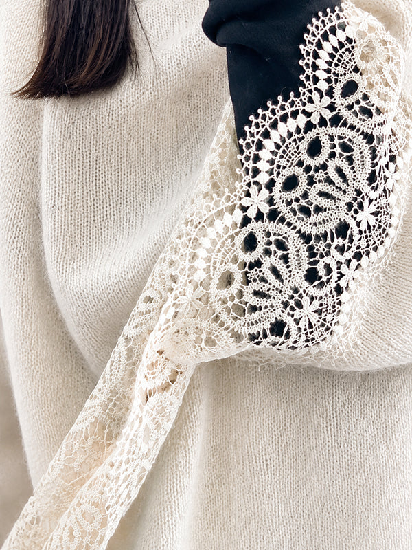 Women’s 100% Wool Lace-Trimmed Open-Front Knit Cape Cardigan