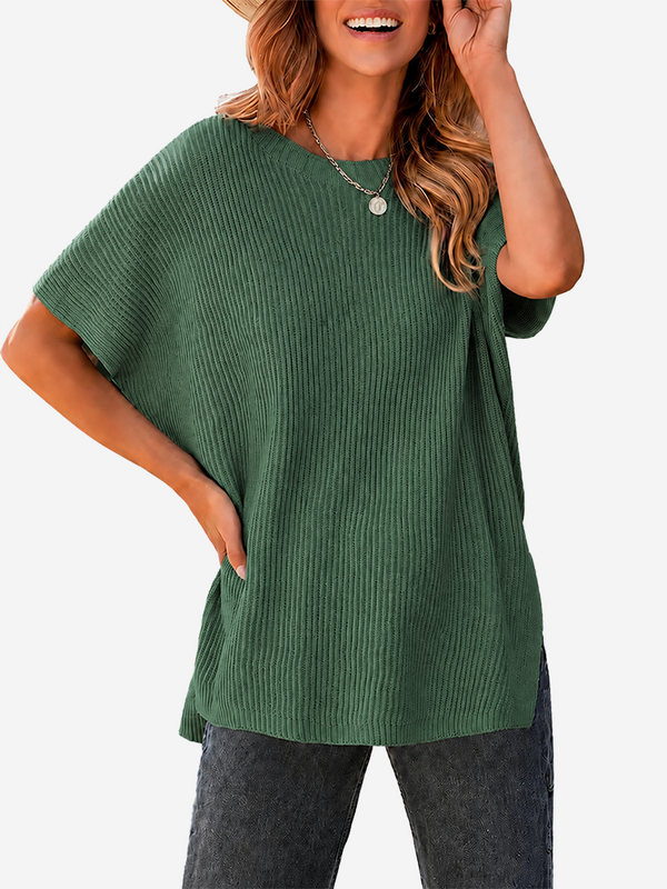 Oversized Side-Slit Short Sleeve Knit Sweater