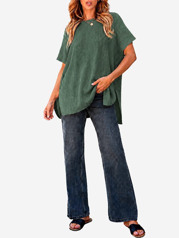 Oversized Side-Slit Short Sleeve Knit Sweater