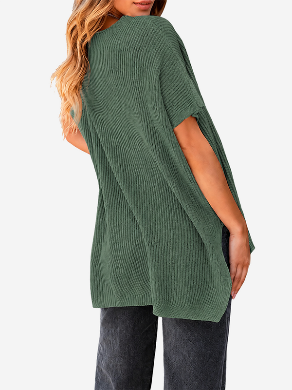 Oversized Side-Slit Short Sleeve Knit Sweater