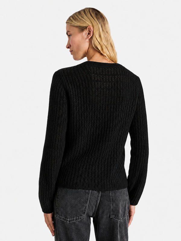Women’s Solid Color Openwork Knit Top – Soft Round Neck Loose-Fit Sweater