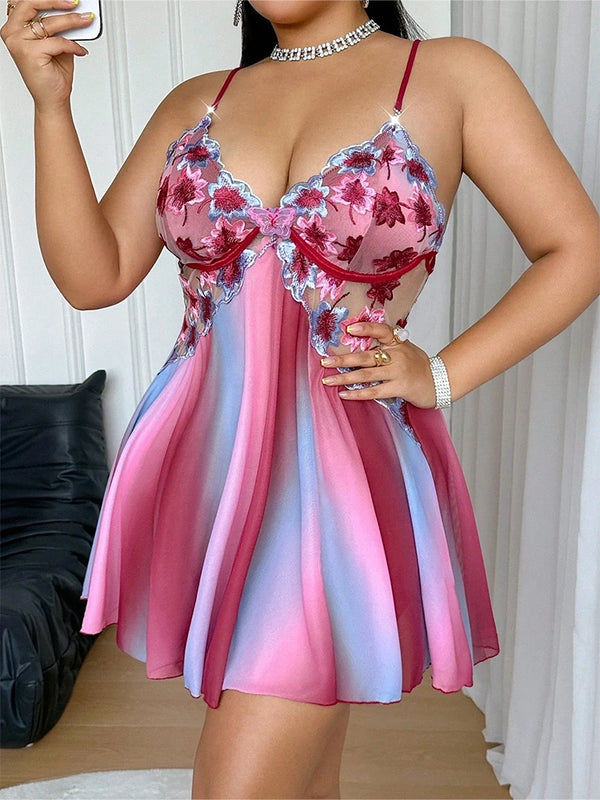 Romantic Floral Embroidered Plus Size Babydoll