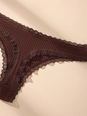 6 pack Women’s Lace Trim Ribbed Thong Underwear – Soft Stretch Sexy Panty