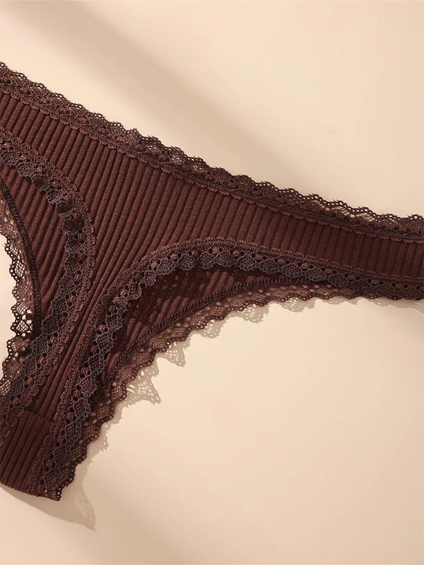 6 pack Women’s Lace Trim Ribbed Thong Underwear – Soft Stretch Sexy Panty