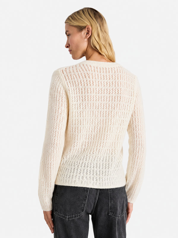 Women’s Solid Color Openwork Knit Top – Soft Round Neck Loose-Fit Sweater