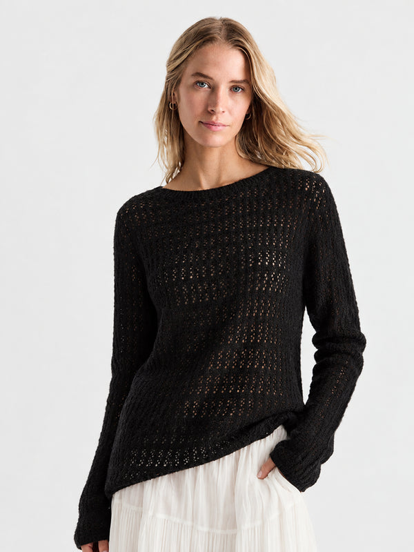 Women’s Solid Color Openwork Knit Top – Soft Round Neck Loose-Fit Sweater