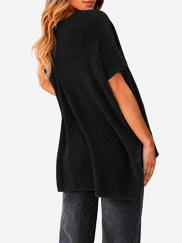 Oversized Side-Slit Short Sleeve Knit Sweater