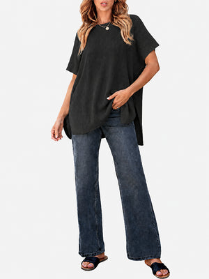 Oversized Side-Slit Short Sleeve Knit Sweater