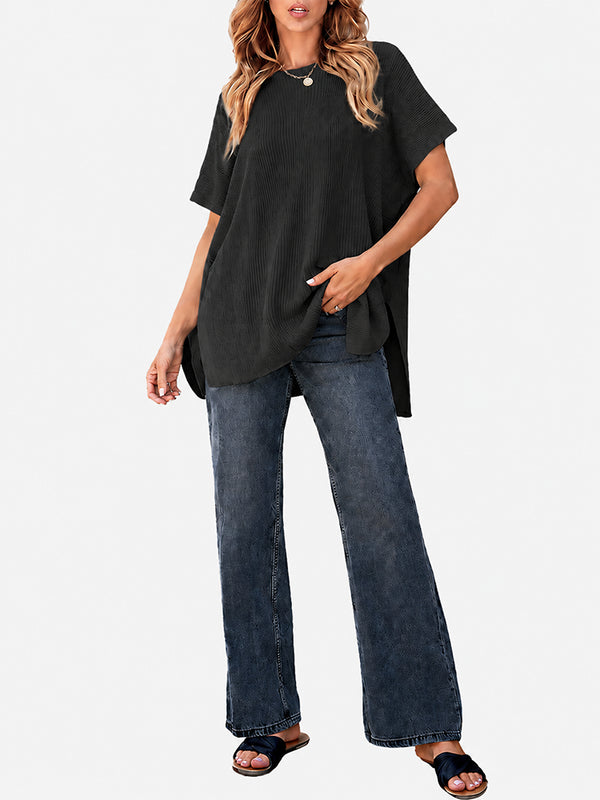 Oversized Side-Slit Short Sleeve Knit Sweater