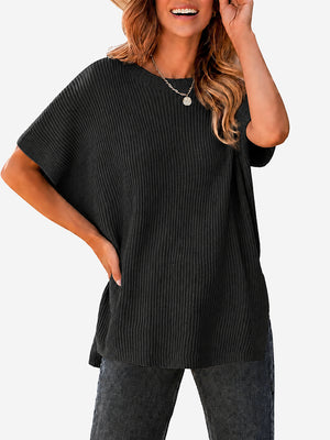 Oversized Side-Slit Short Sleeve Knit Sweater