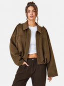 Women's Vintage Collared Zip Up Jacket Oversized Casual Outerwear