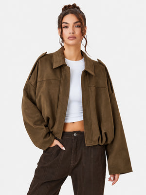 Women's Vintage Collared Zip Up Jacket Oversized Casual Outerwear